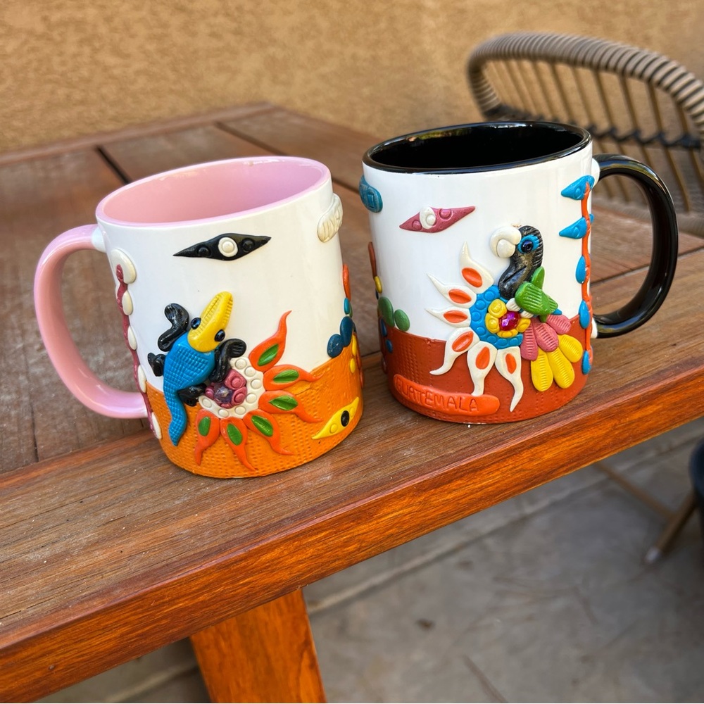 Guatemala Ceramic Mug Set of Two with Applied Clay Birds Alligator 3D Colorful